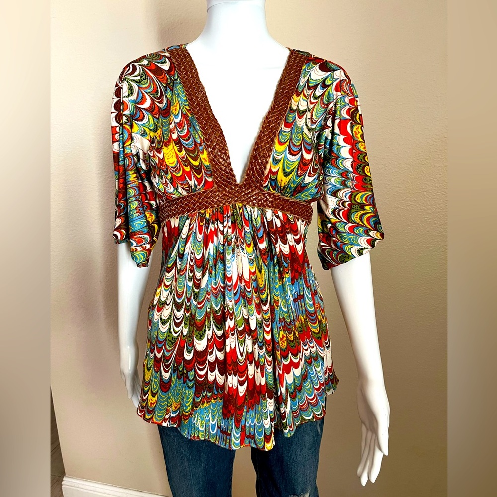 Sky multicolored top with leather trim
